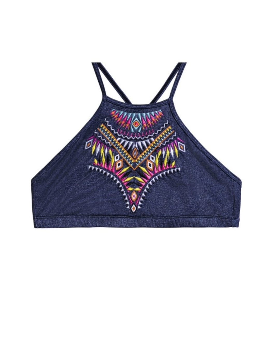 NWT PILYQ DENIM BLUE MULTI CAYMAN EMBROIDERED GYPSY HALTER BIKINI TOP SZ D